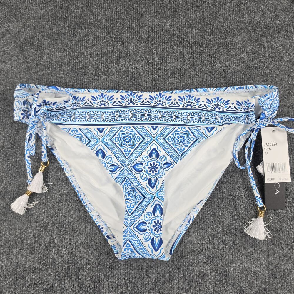 La Blanca Women's Size 14 Bikini Bottom Blue White Tile Print Side Tie Swimwear